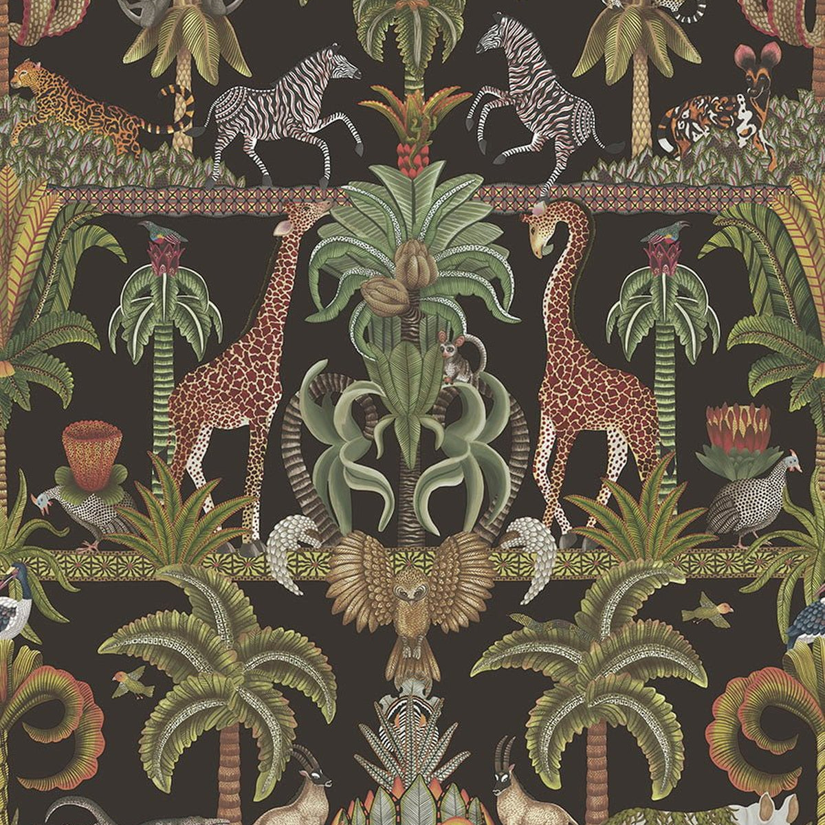 Cole & Son Afrika Kingdom in Olive Green & Spring Green on Black — pattern detail