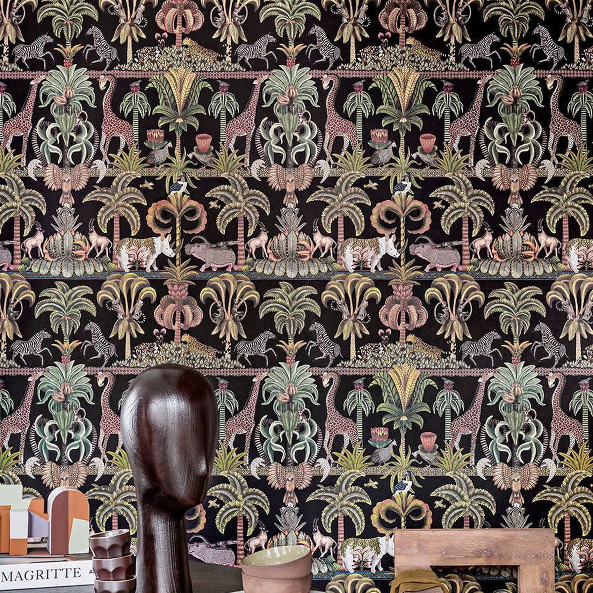 Cole & Son Afrika Kingdom in Olive Green & Spring Green on Black — room setting