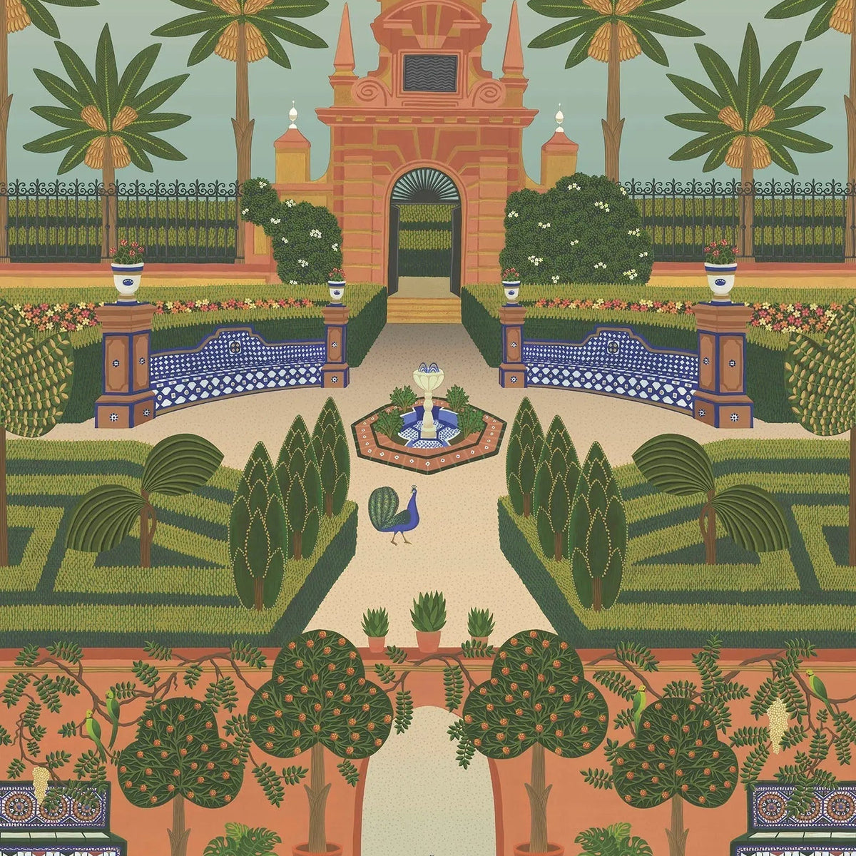 Cole & Son Alcazar Gardens in Terracotta & Spring Green Multi — pattern detail
