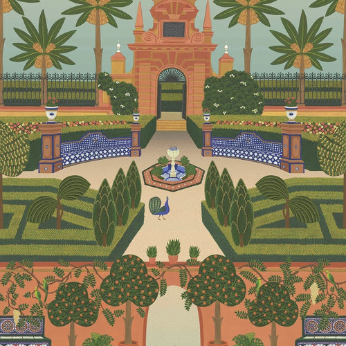 Cole & Son Alcazar Gardens in Terracotta & Spring Green Multi — pattern detail
