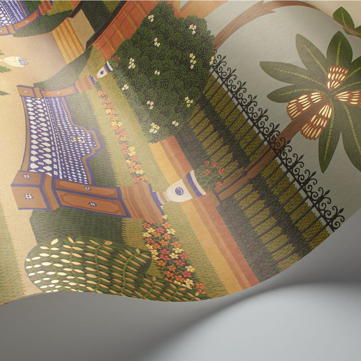 Cole & Son Alcazar Gardens in Terracotta & Spring Green Multi — pattern detail