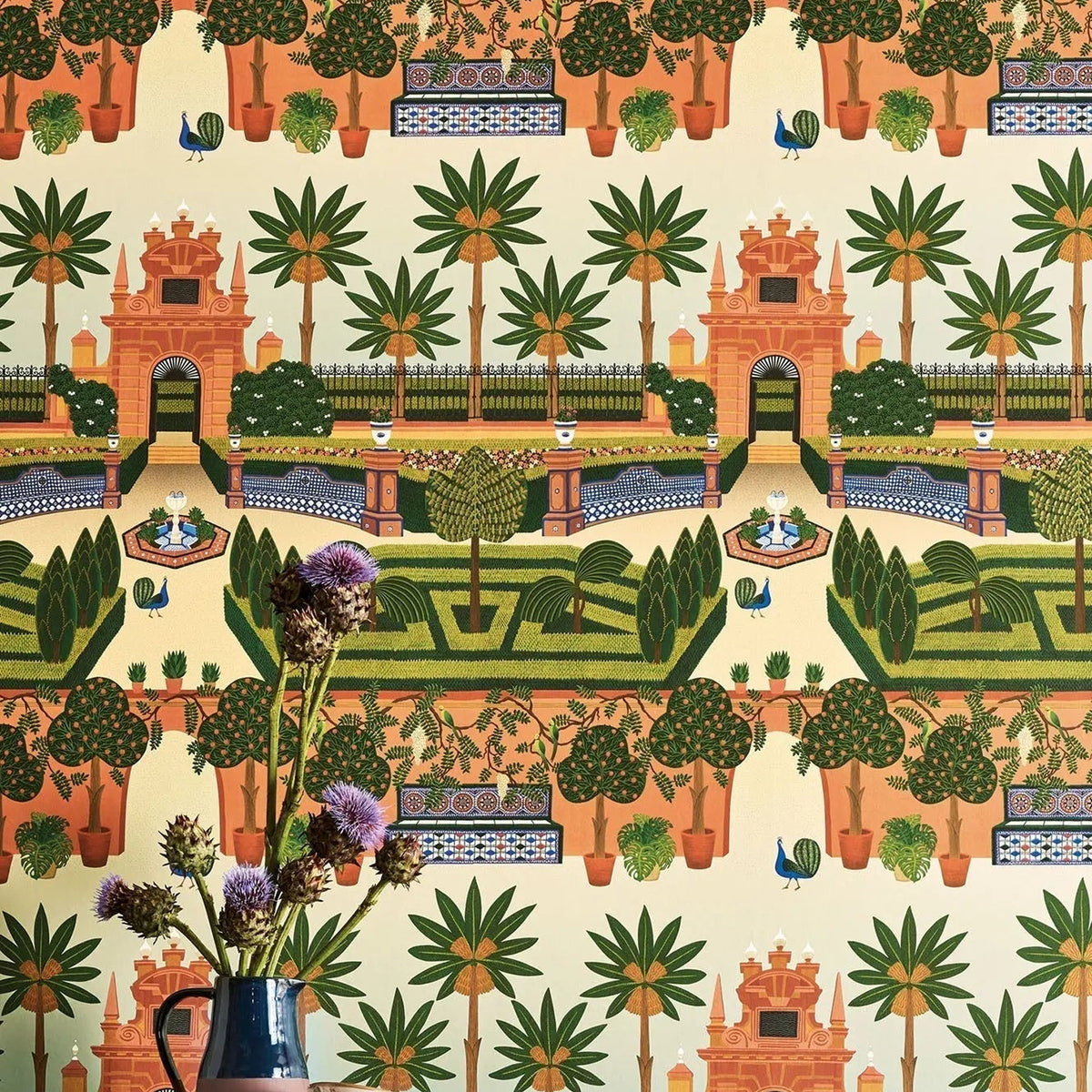 Cole & Son Alcazar Gardens in Terracotta & Spring Green Multi — room setting