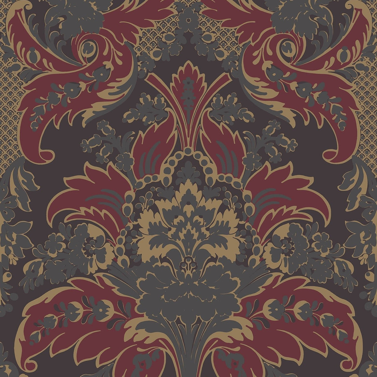 Cole & Son Aldwych in Metallic Gilver & Crimson on Charcoal — pattern detail