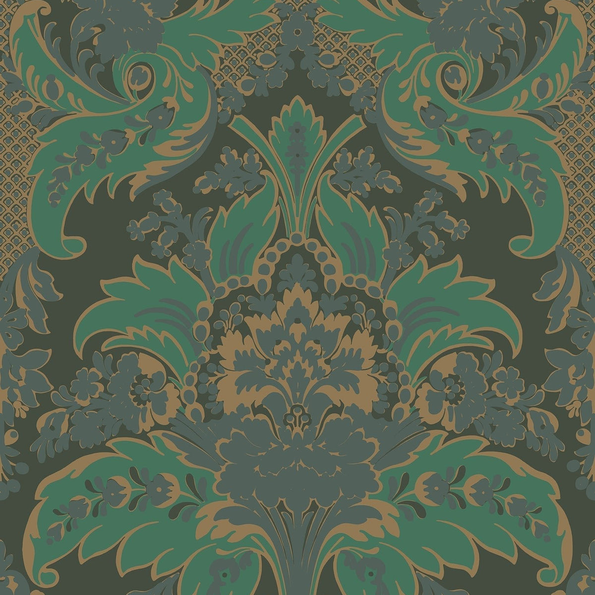 Cole & Son Aldwych in Metallic Gold & Viridian on Dark Viridian — pattern detail