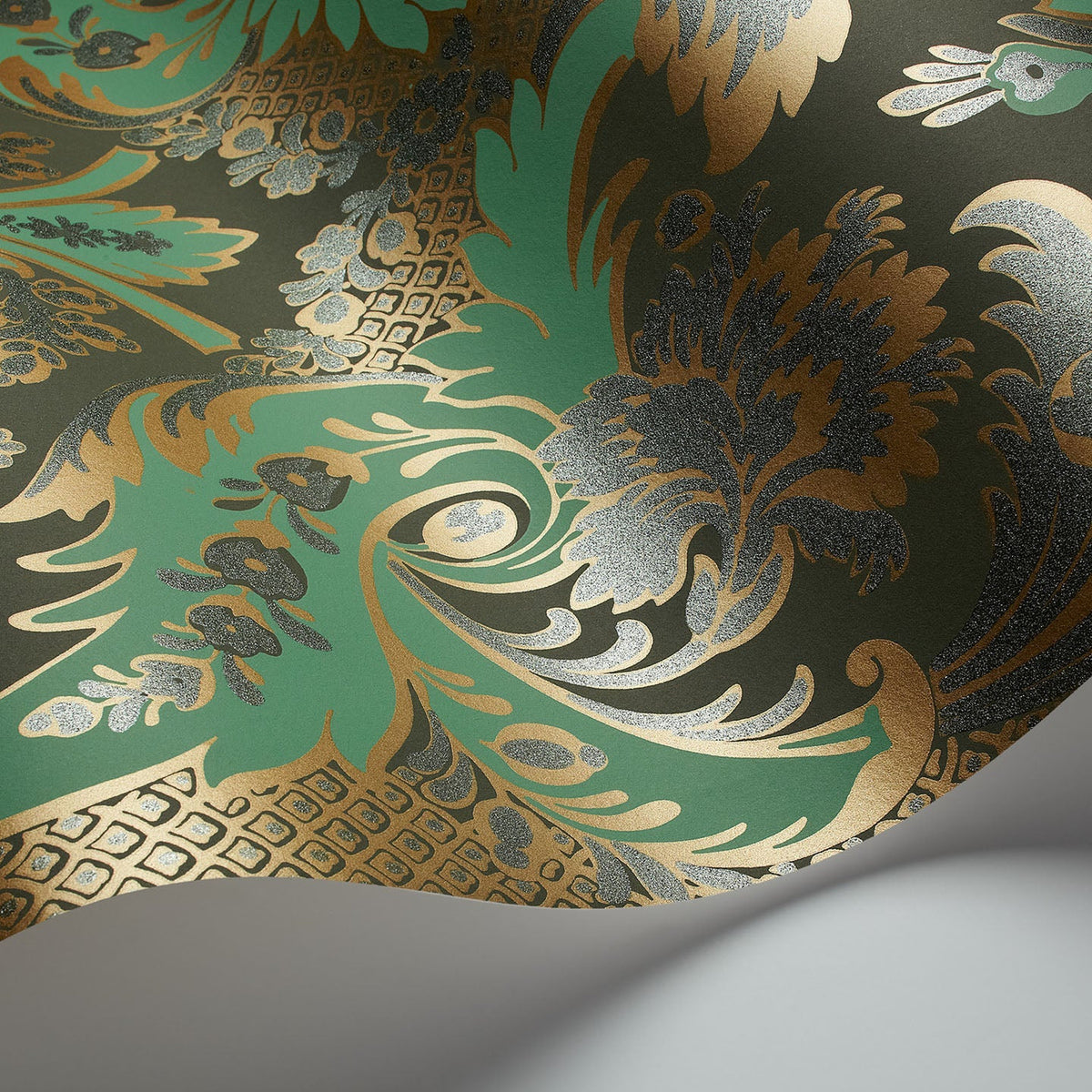 Cole & Son Aldwych in Metallic Gold & Viridian on Dark Viridian — pattern detail