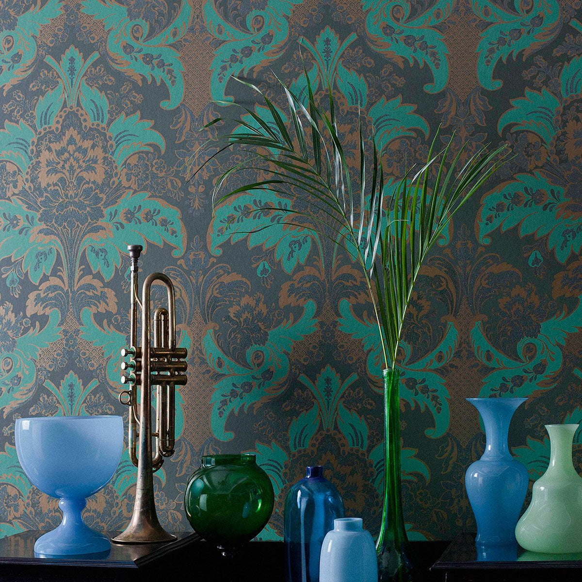 Cole & Son Aldwych in Metallic Gold & Viridian on Dark Viridian — room setting