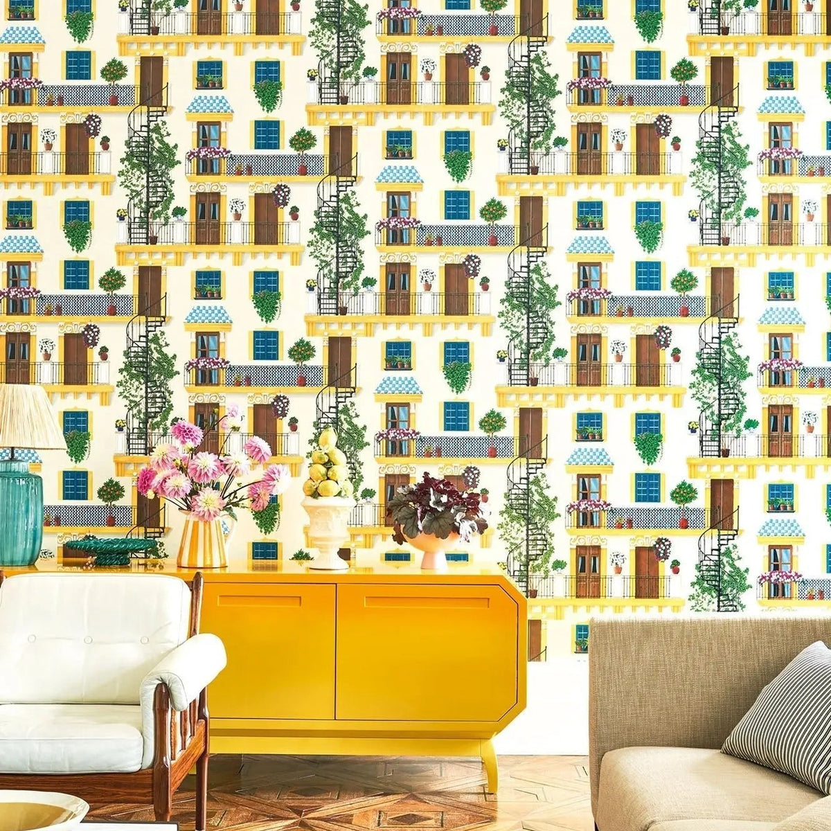 Cole & Son Alfaro in Canary Yellow & Petrol on Parchment — room setting
