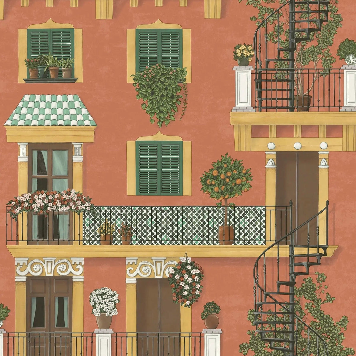 Cole & Son Alfaro in Ochre & Racing Green on Terracotta — pattern detail