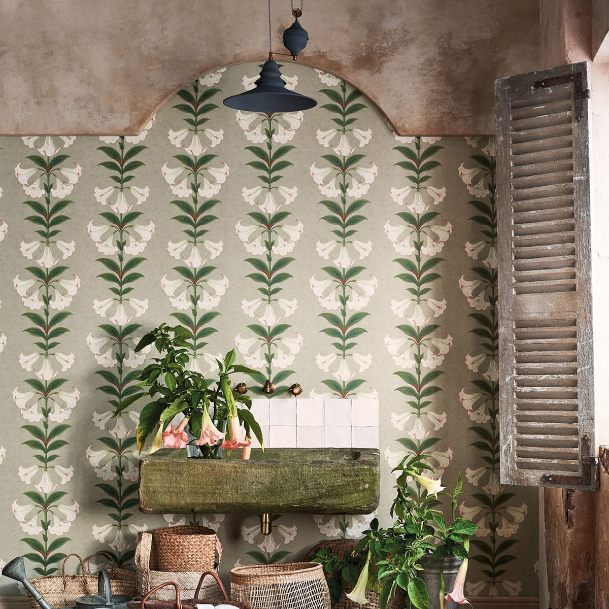 Cole & Son Angel's Trumpet in Chalk & Sage on Stone — room setting