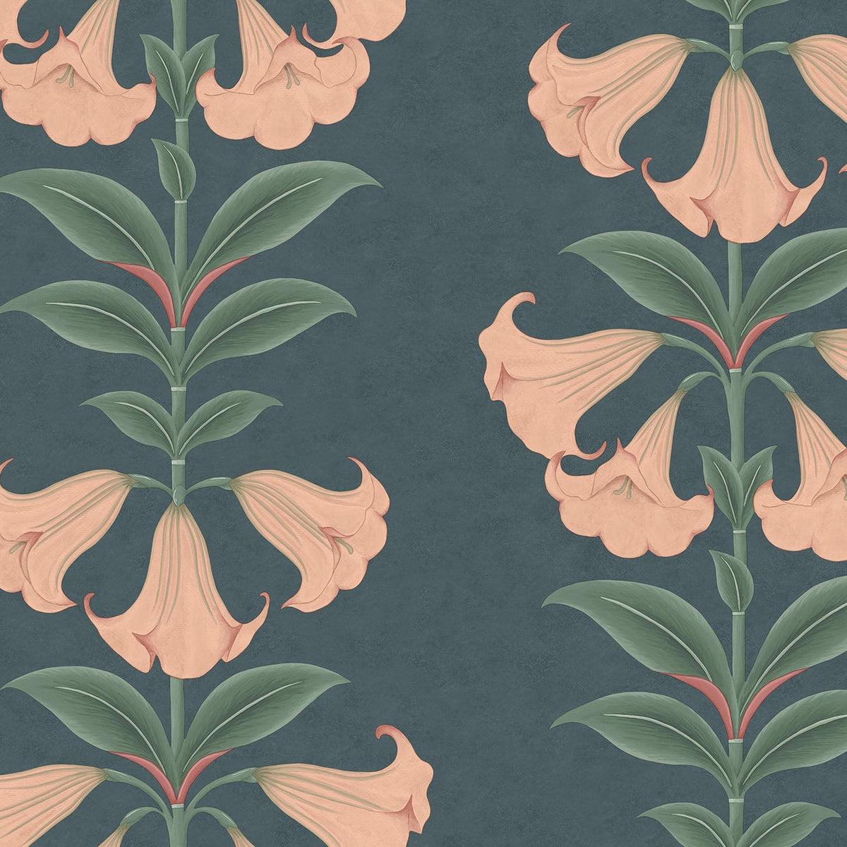 Cole & Son Angel's Trumpet in Coral & Viridian on Ink — pattern detail