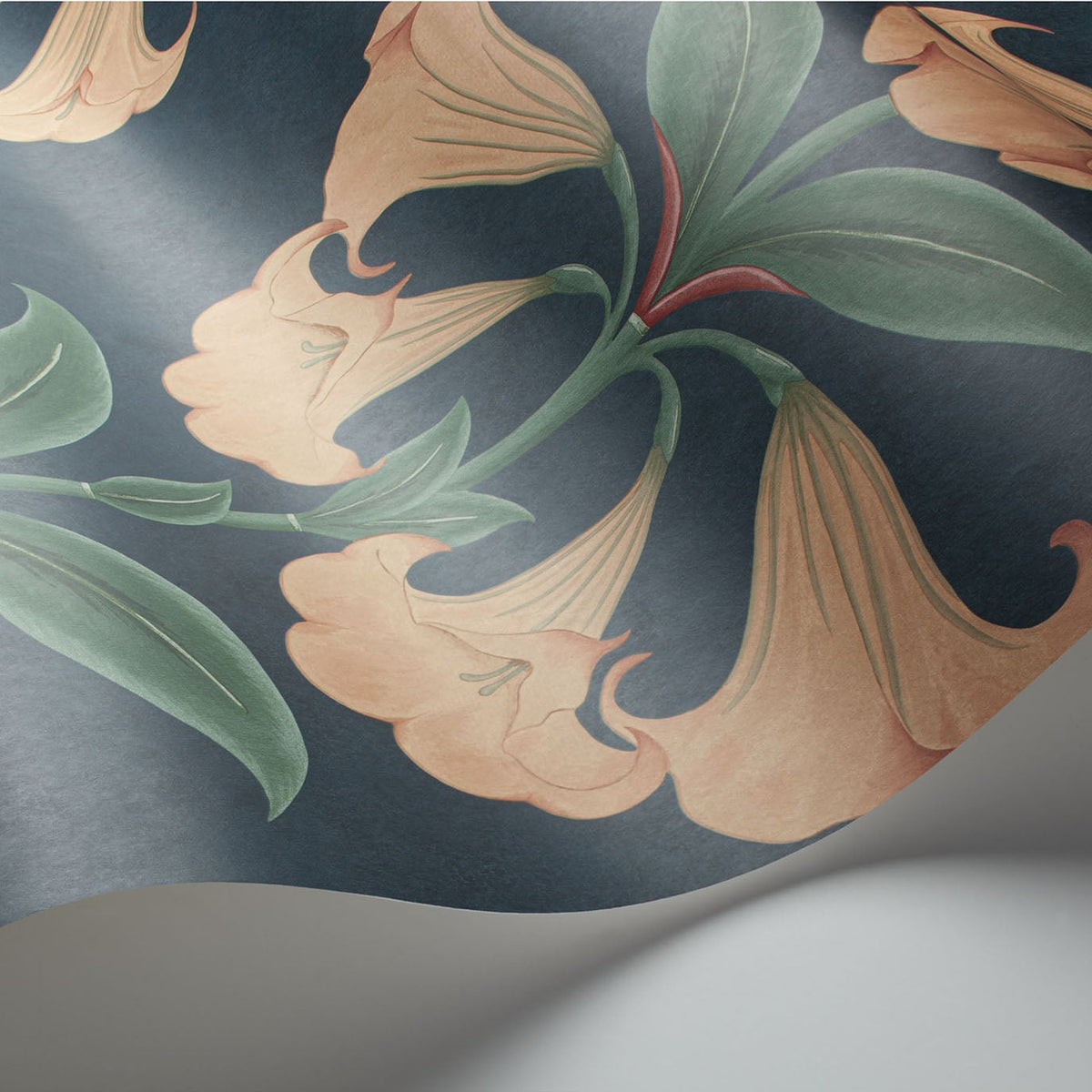 Cole & Son Angel's Trumpet in Coral & Viridian on Ink — pattern detail
