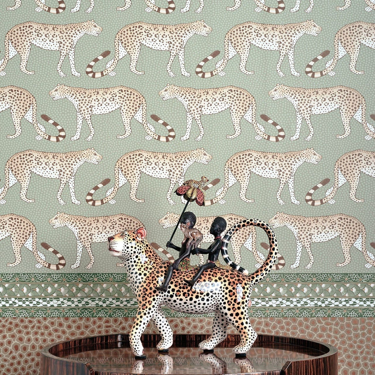 Cole & Son Ardmore Border in Soft Olive — room setting, border shown alongside coordinating wallpapers
