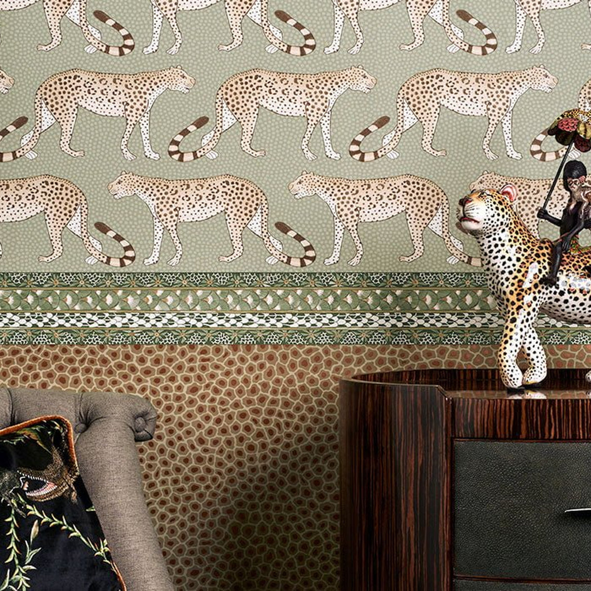 Cole & Son Ardmore Border in Soft Olive — room setting, border shown alongside coordinating wallpapers