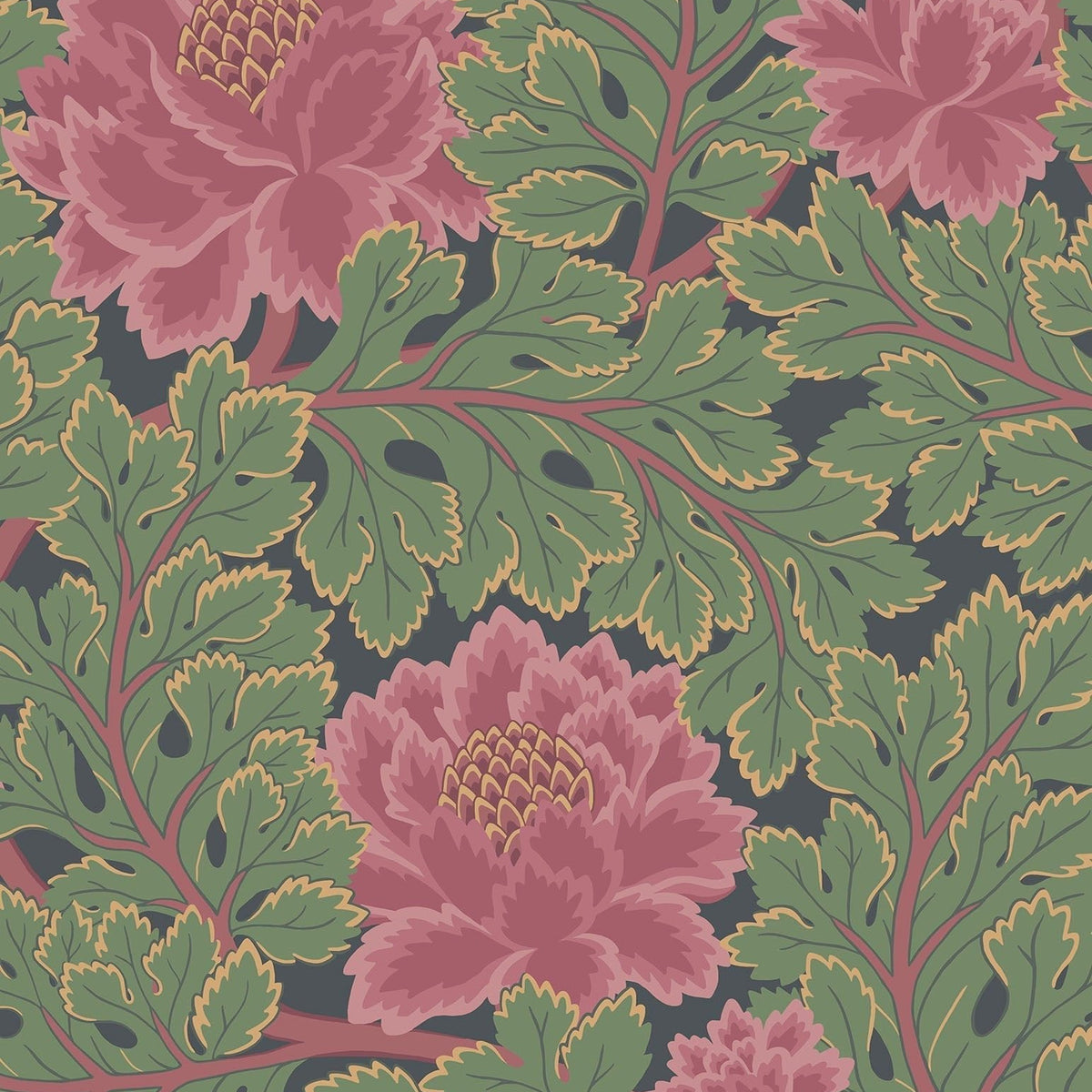 Cole & Son Aurora in Rose & Forest on Charcoal — pattern detail