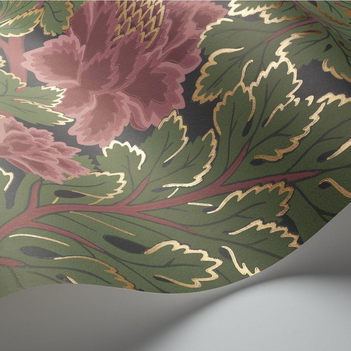 Cole & Son Aurora in Rose & Forest on Charcoal — pattern detail