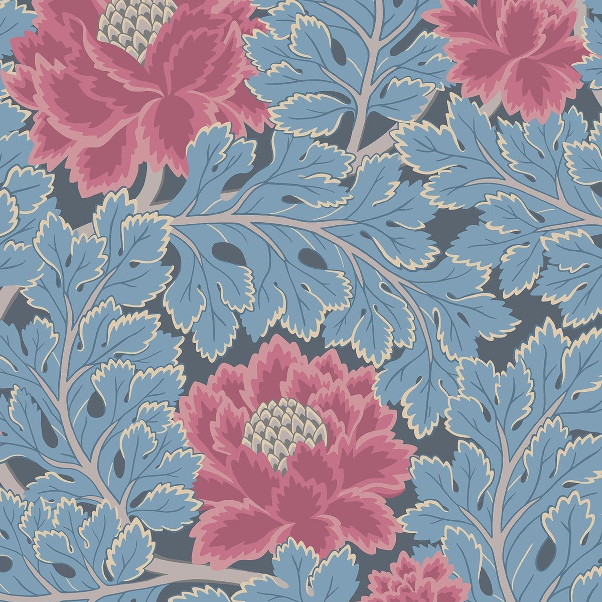 Cole & Son Aurora in Cerise & Cerulean Blue on Midnight — pattern detail