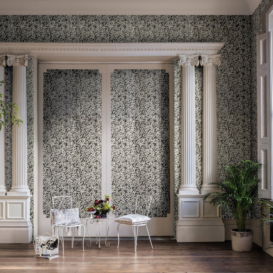 Cole & Son Bamboo Forest wallpaper in Snow on Soot — room setting