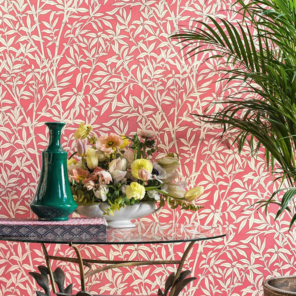 Cole & Son Bamboo Forest wallpaper in Chalk on Rouge — room setting