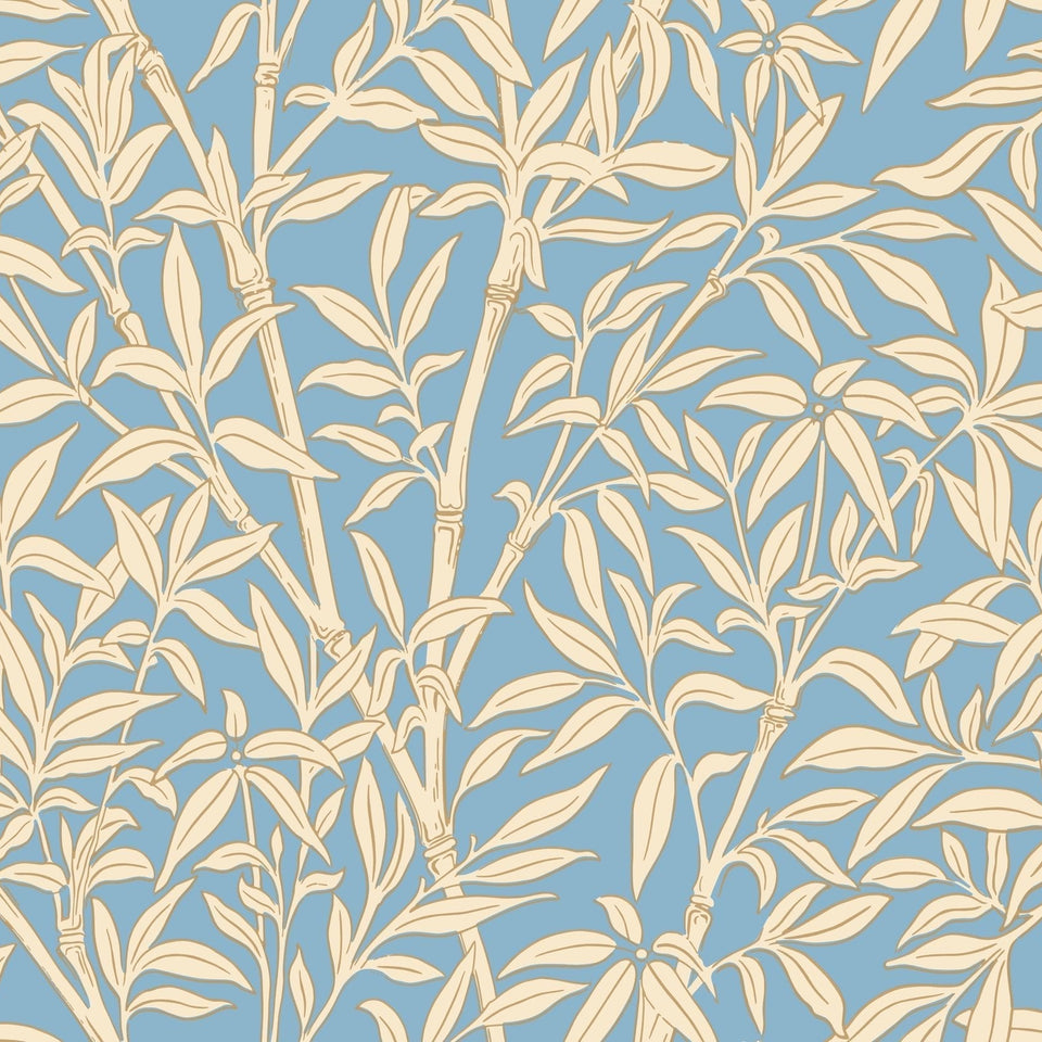 Cole & Son Bamboo Forest wallpaper in Buttercup Yellow on Cornflower Blue — pattern detail