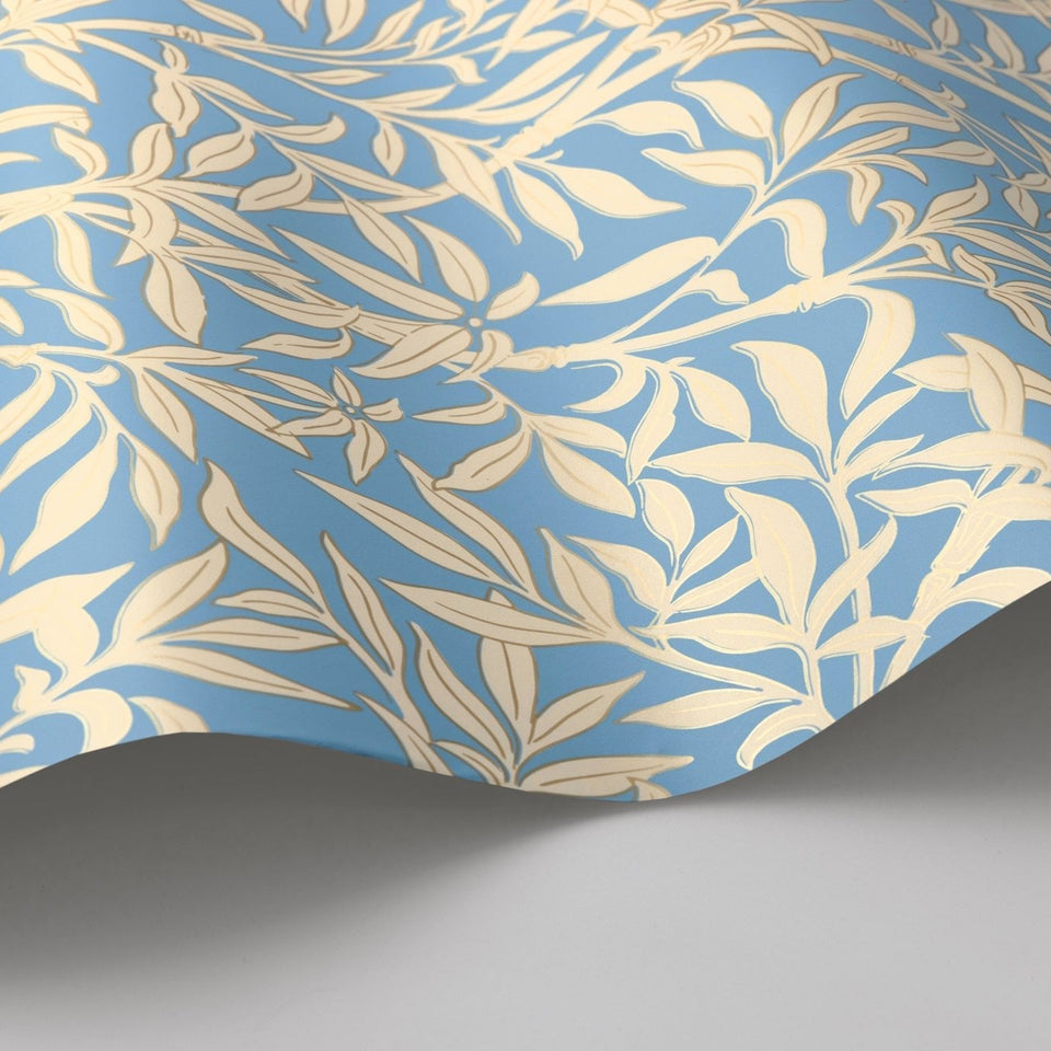 Cole & Son Bamboo Forest wallpaper in Buttercup Yellow on Cornflower Blue — wallpaper detail