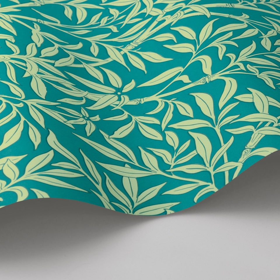 Cole & Son Bamboo Forest wallpaper in Pistachio on Petrol — wallpaper detail