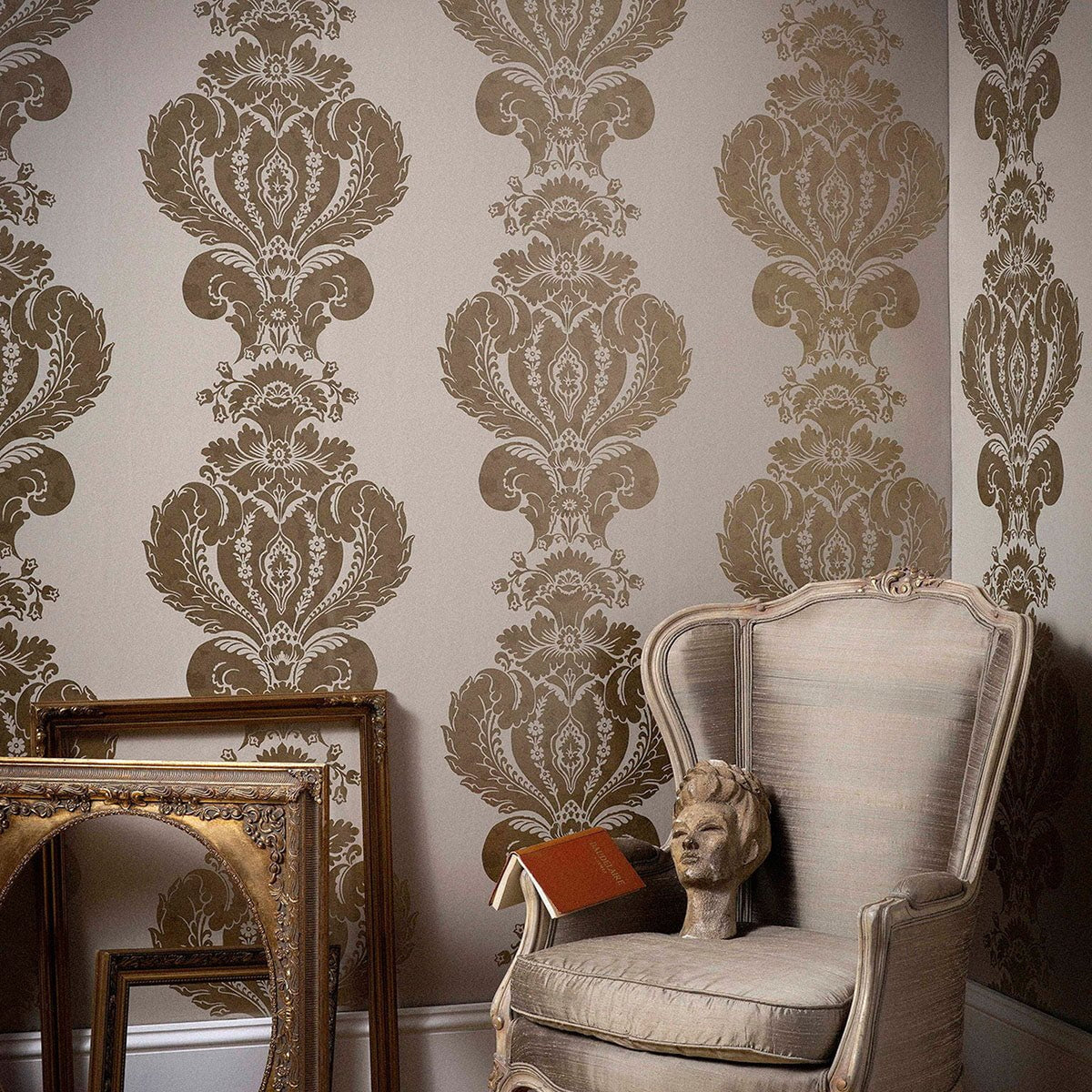 Cole & Son Baudelaire wallpaper in Metallic Gold on Taupe — room setting