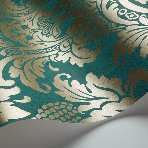 Cole & Son Blake wallpaper in Metallic Gold on Teal — detail