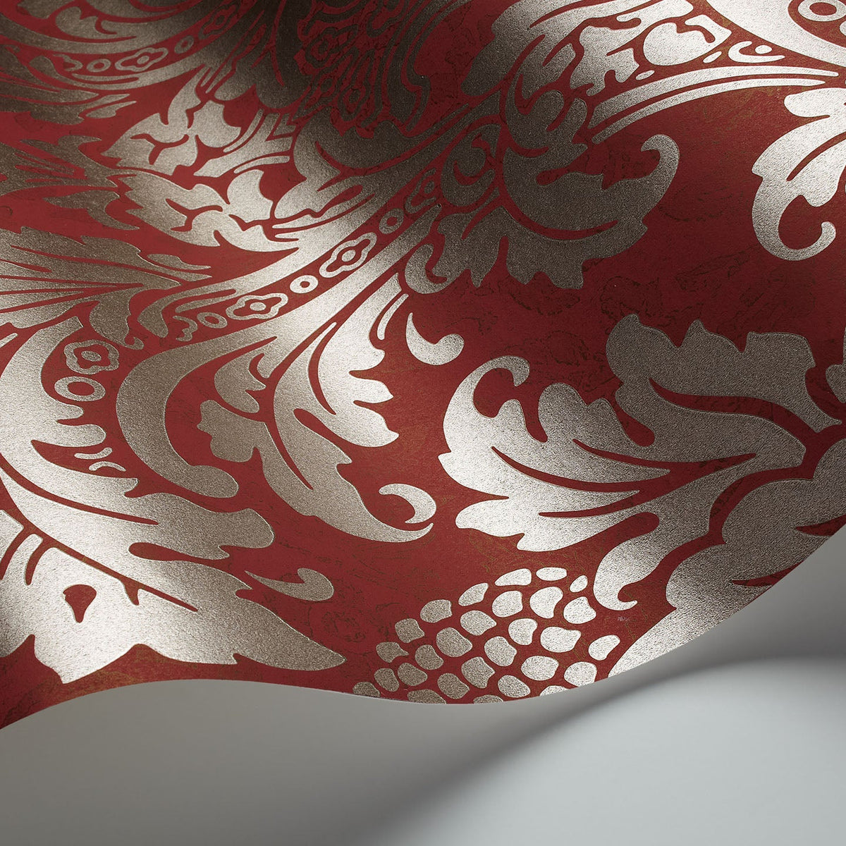 Cole & Son Blake wallpaper in Metallic Pewter on Red — detail