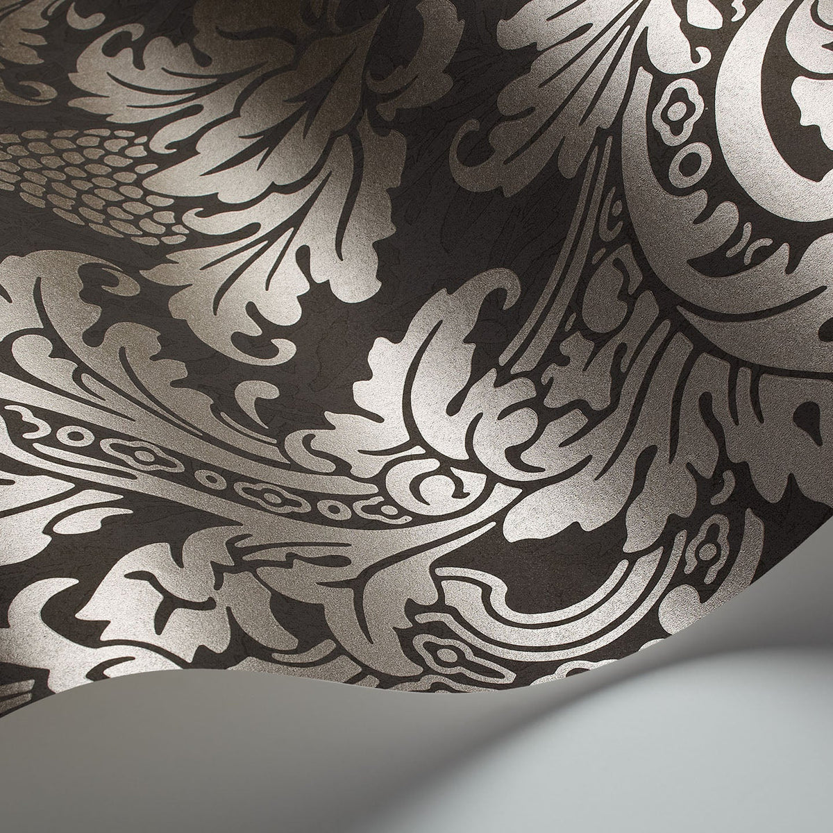 Cole & Son Blake wallpaper in Metallic Pewter on Charcoal — detail