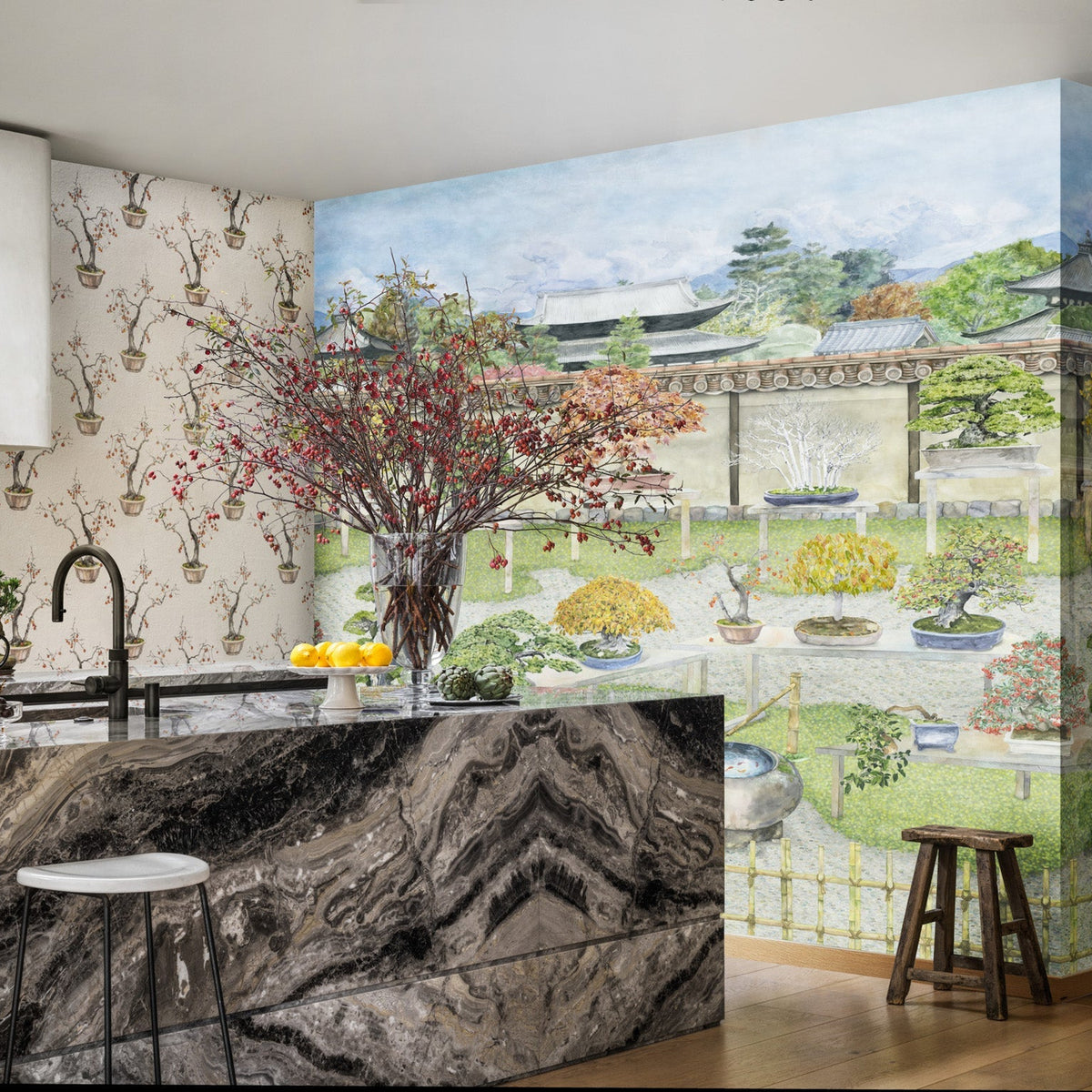 Cole & Son Bonsai Garden wallpaper in Leaf Green — room setting; coordinating wallpaper sold separately