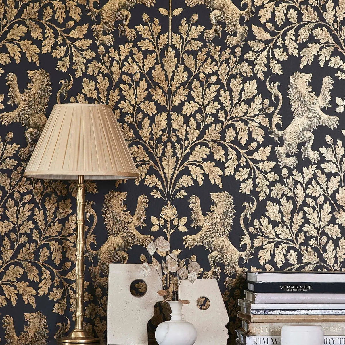 Cole & Son Boscobel Oak wallpaper in Metallic Antique Gold on Black — room setting