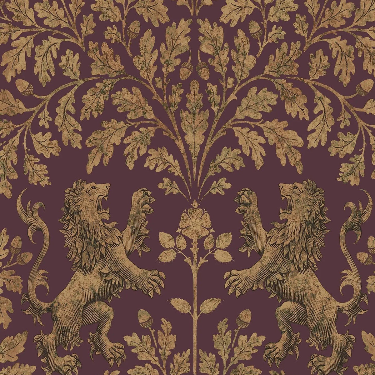 Cole & Son Boscobel Oak wallpaper in Metallic Autumnal Gold on Claret — pattern
