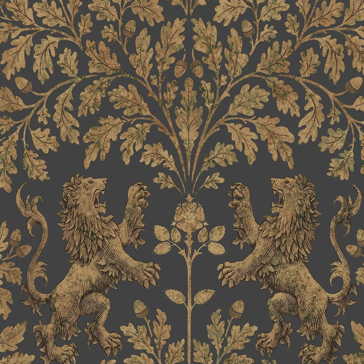 Cole & Son Boscobel Oak wallpaper in Metallic Antique Gold on Black — pattern