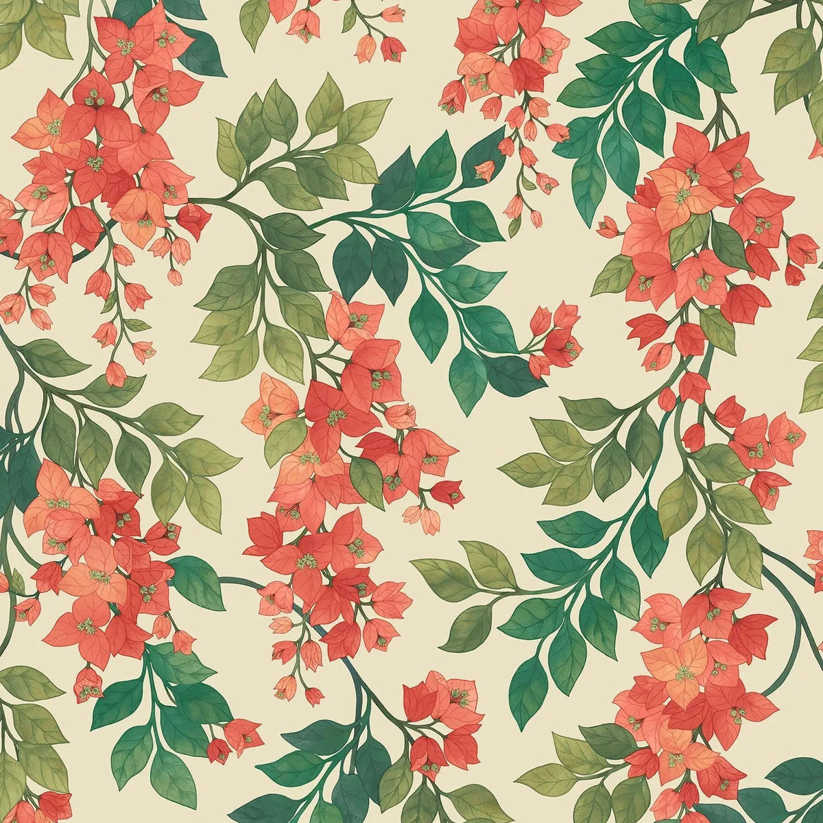 Cole & Son Bougainvillea wallpaper in Rouge, Olive Green & Emerald on Cream — pattern