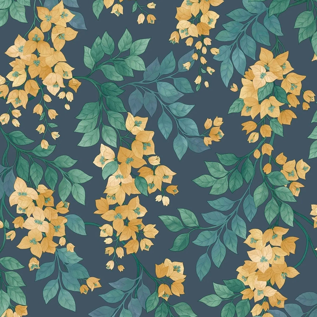Cole & Son Bougainvillea wallpaper in Ochre, Viridian & Petrol on Ink — pattern