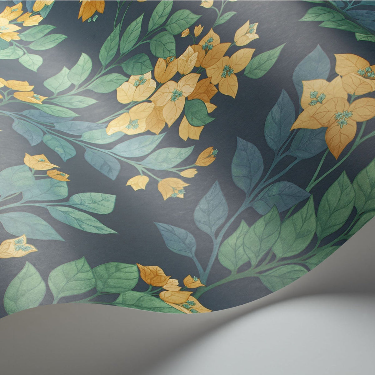 Cole & Son Bougainvillea wallpaper in Ochre, Viridian & Petrol on Ink — detail