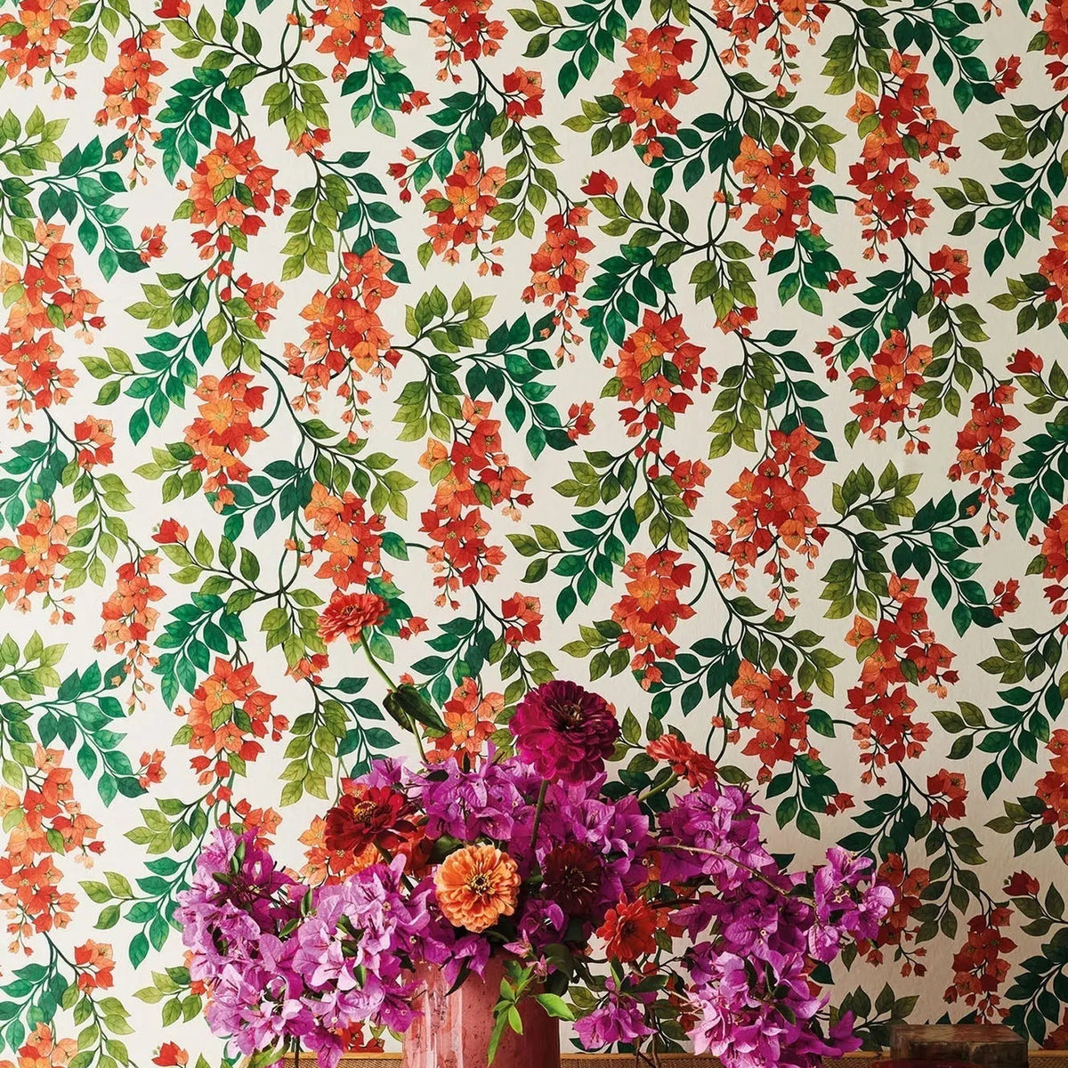 Cole & Son Bougainvillea wallpaper in Rouge, Olive Green & Emerald on Cream — room setting; coordinating wallpaper sold separately