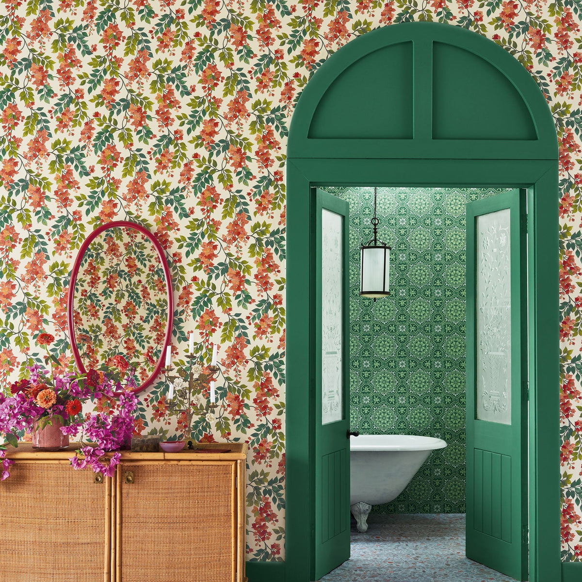 Cole & Son Bougainvillea wallpaper in Rouge, Olive Green & Emerald on Cream — room setting; coordinating wallpaper sold separately