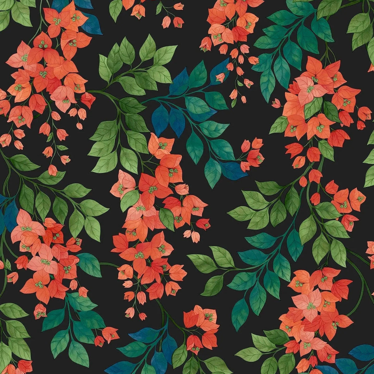 Cole & Son Bougainvillea wallpaper in Rouge, Leaf Green & Cerulean Sky on Charcoal — pattern