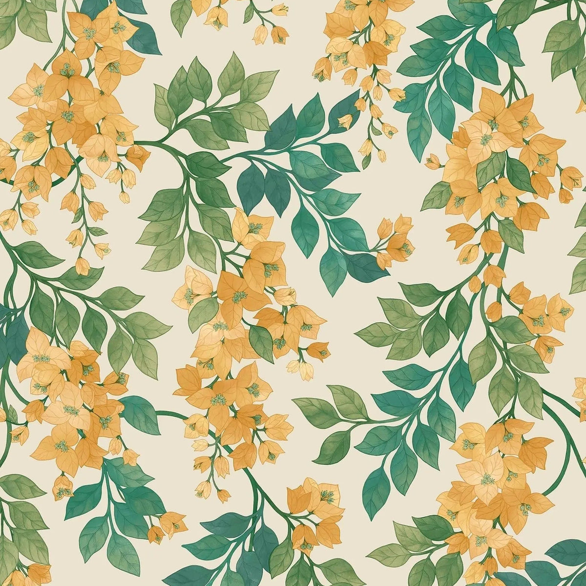 Cole & Son Bougainvillea wallpaper in Marigold, Leaf Green & Emerald on Parchment — pattern