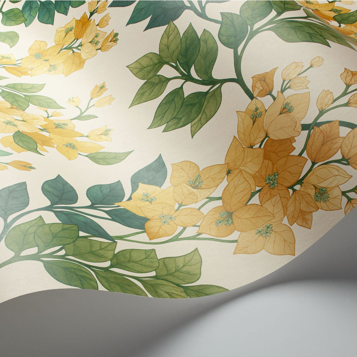 Cole & Son Bougainvillea wallpaper in Marigold, Leaf Green & Emerald on Parchment — detail