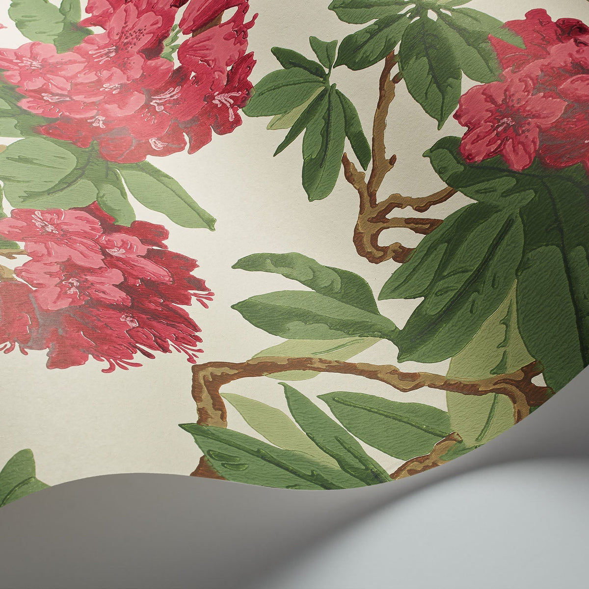 Cole & Son Bourlie wallpaper in Cerise, Leaf Green on White — detail