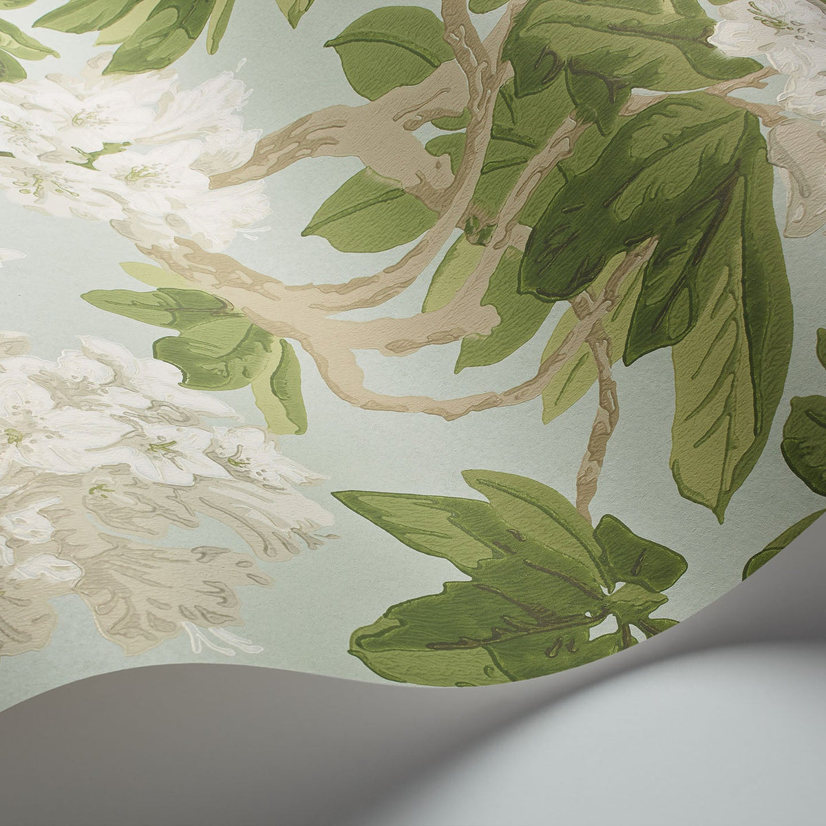 Cole & Son Bourlie wallpaper in White, Olive Green on Duck Egg — detail