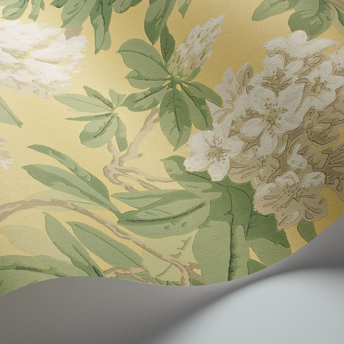 Cole & Son Bourlie wallpaper in White, Leaf Green on Lemon — detail