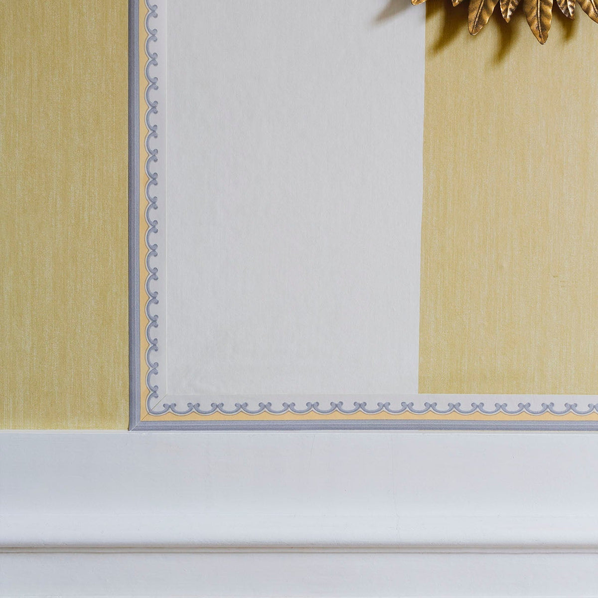 Cole & Son Broderie Border in Ochre & Grey — room setting with coordinating wallpaper sold separately