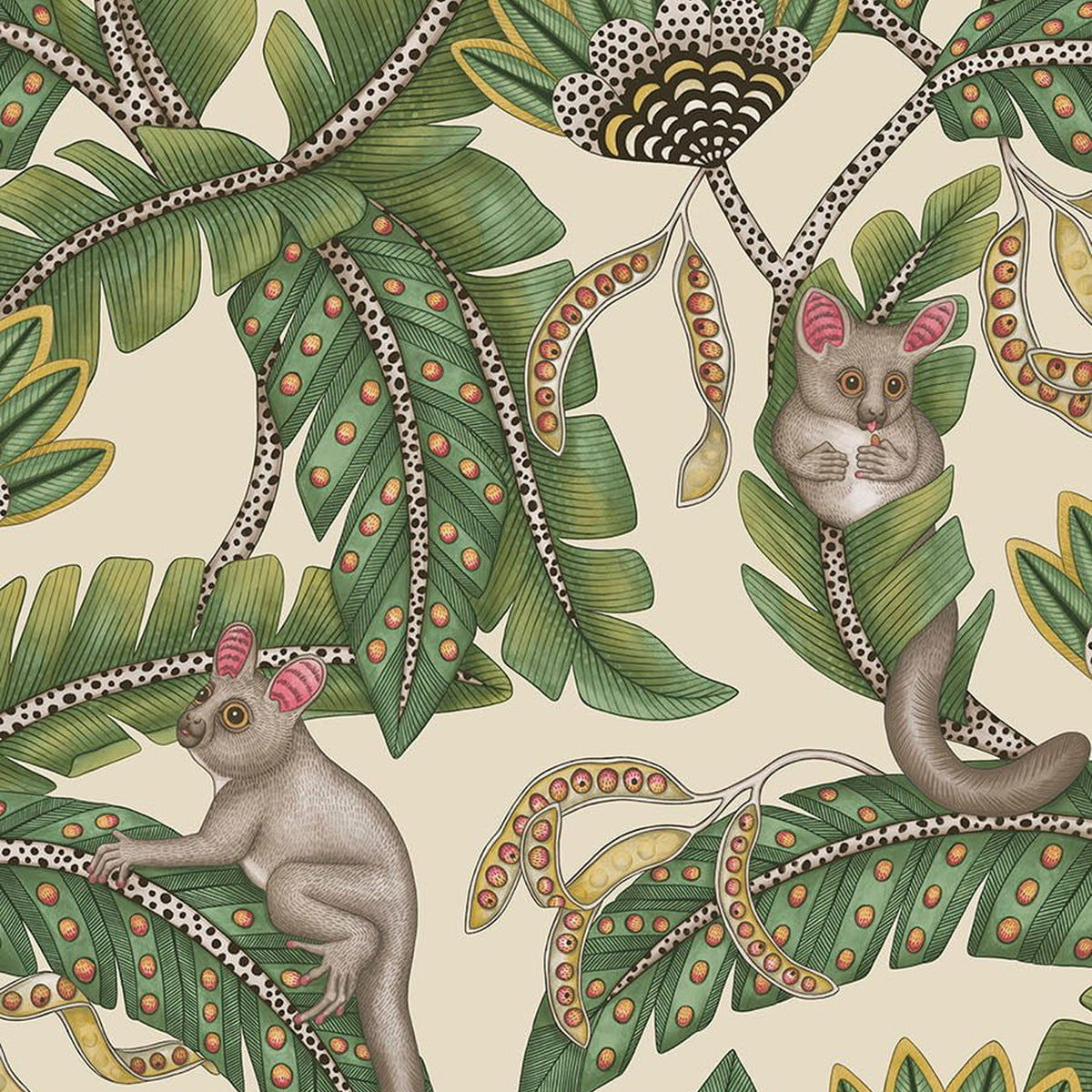 Cole & Son Bush Baby wallpaper in Sage & Chartreuse on Parchment — pattern