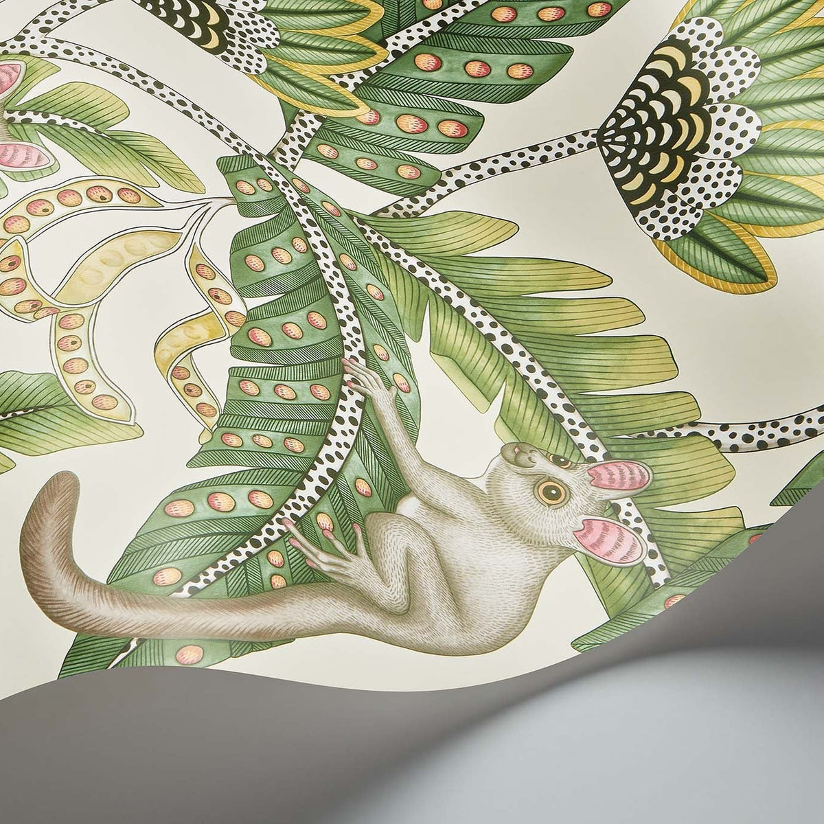 Cole & Son Bush Baby wallpaper in Sage & Chartreuse on Parchment — detail