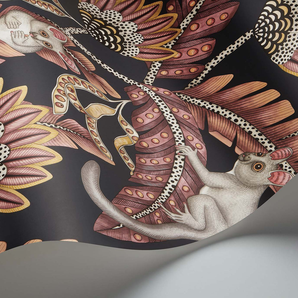 Cole & Son Bush Baby wallpaper in Crimson & Marigold on Charcoal — detail