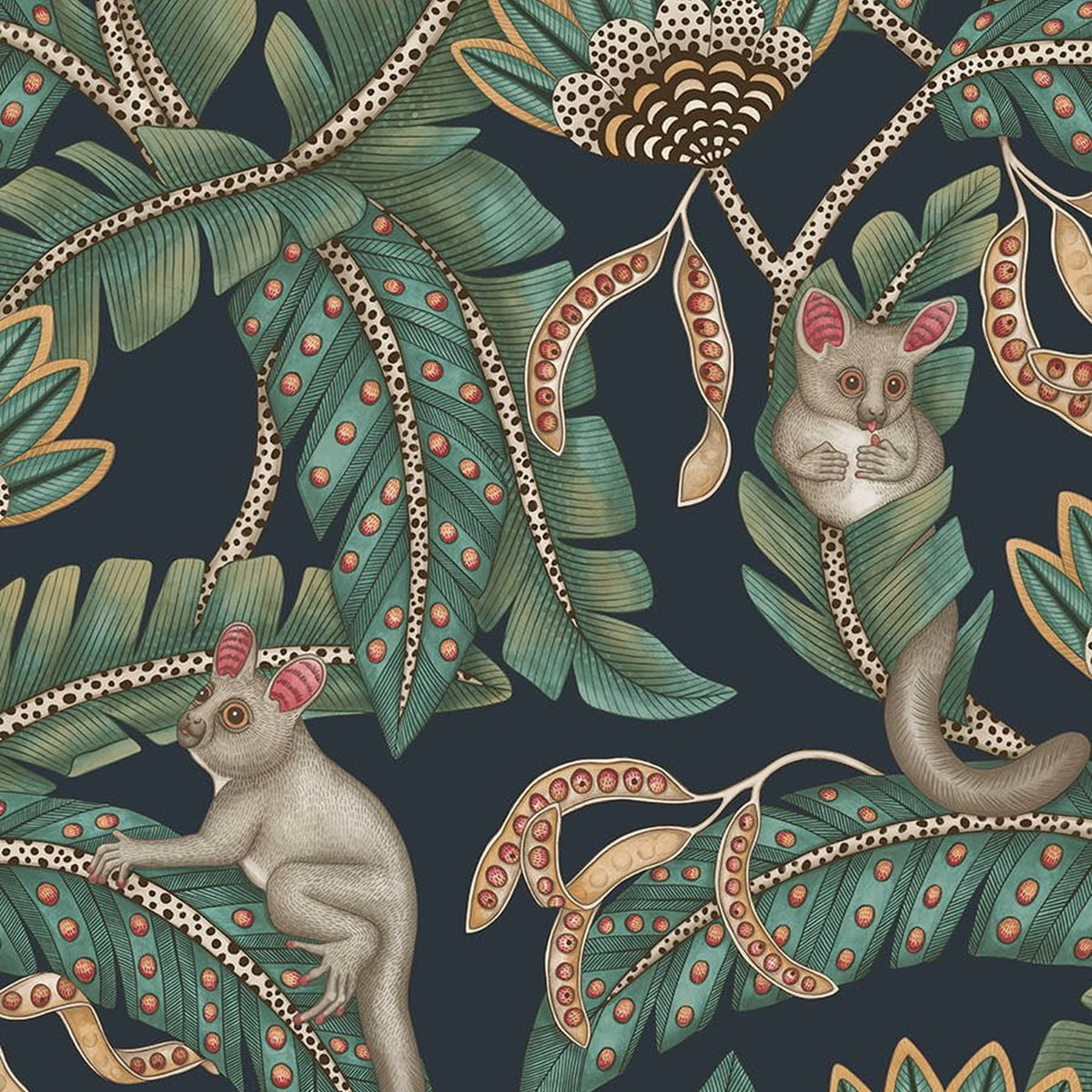 Cole & Son Bush Baby wallpaper in Teal & Ochre on Ink — pattern