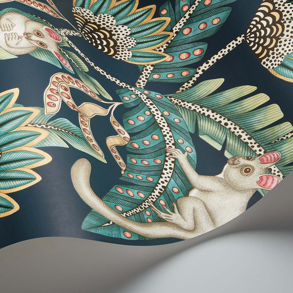 Cole & Son Bush Baby wallpaper in Teal & Ochre on Ink — detail
